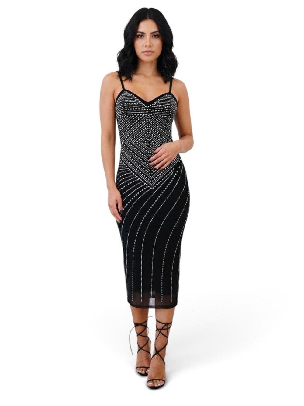 Switching Up Styles Rhinestone Embellished Black Midi Dress. M